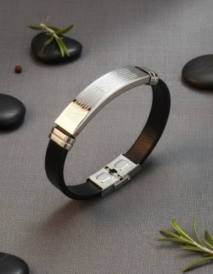 Pulsera Cristiana en Cuero y Placa Plateada, Grabado con Padre Nuestro