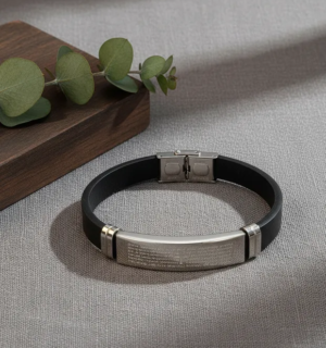 Pulsera Cristiana en Cuero y Placa Dorada, Grabado con Padre Nuestro